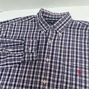 Polo Ralph Lauren Blaire Navy Plaid Cotton Button Down size‎ Large *Neck Wear